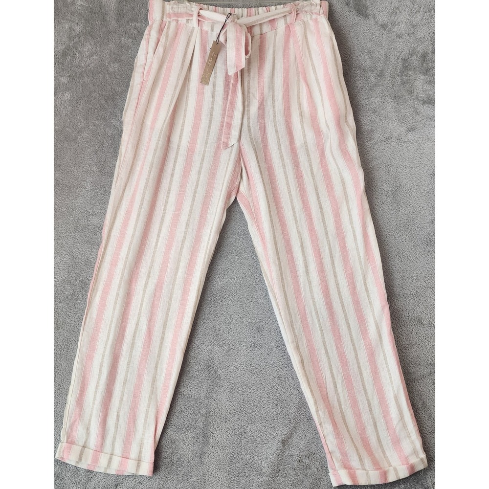 Love Tree Pants Womens Large Pink Striped Linen Blend Tie Waist Tapered Trousers